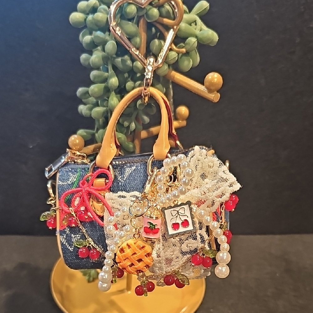 Denim Cherry Embellished Mini Bag Keychain with Pearls
